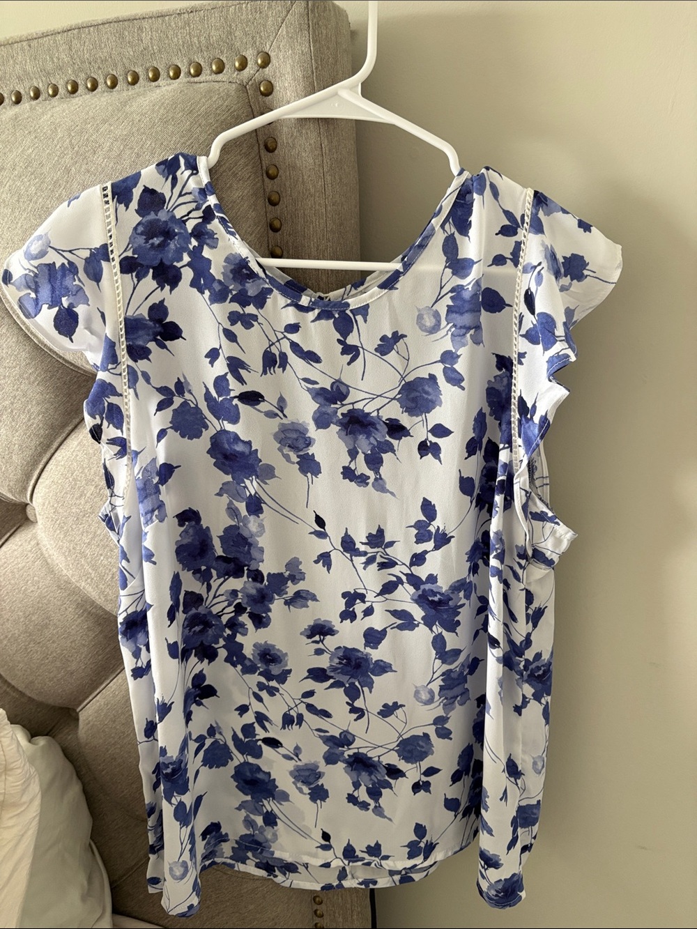 Counterparts White and Blue Floral Ruffle Sleeve Blouse